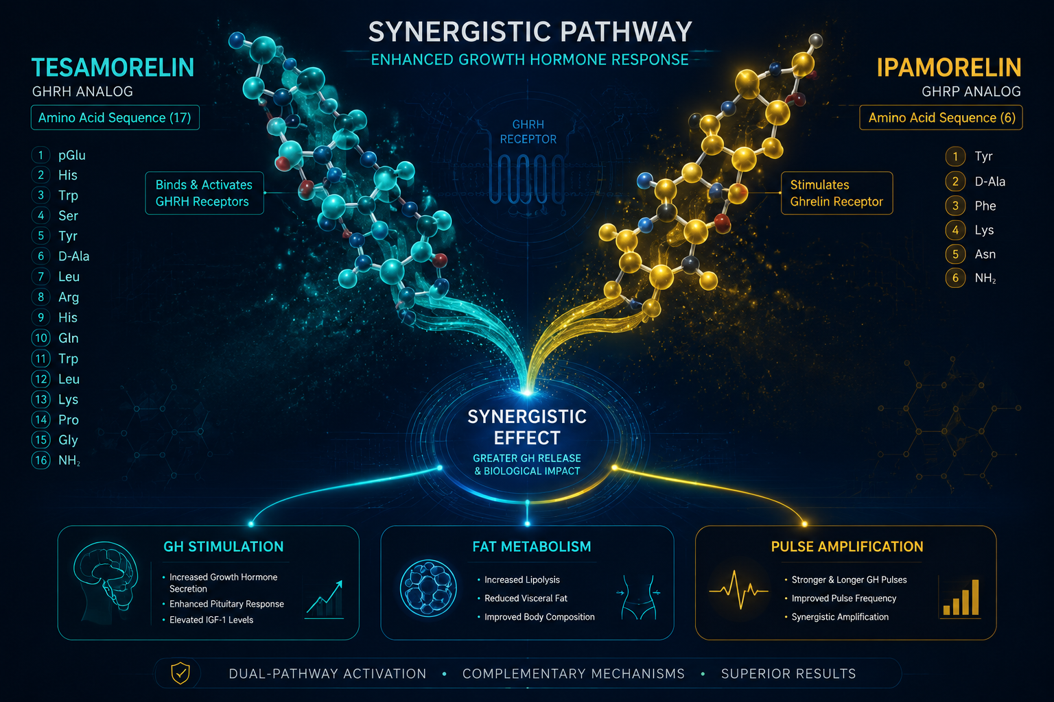 Detailed () scientific infographic illustration showing two peptide molecules — Tesamorelin and Ipamorelin — represented as