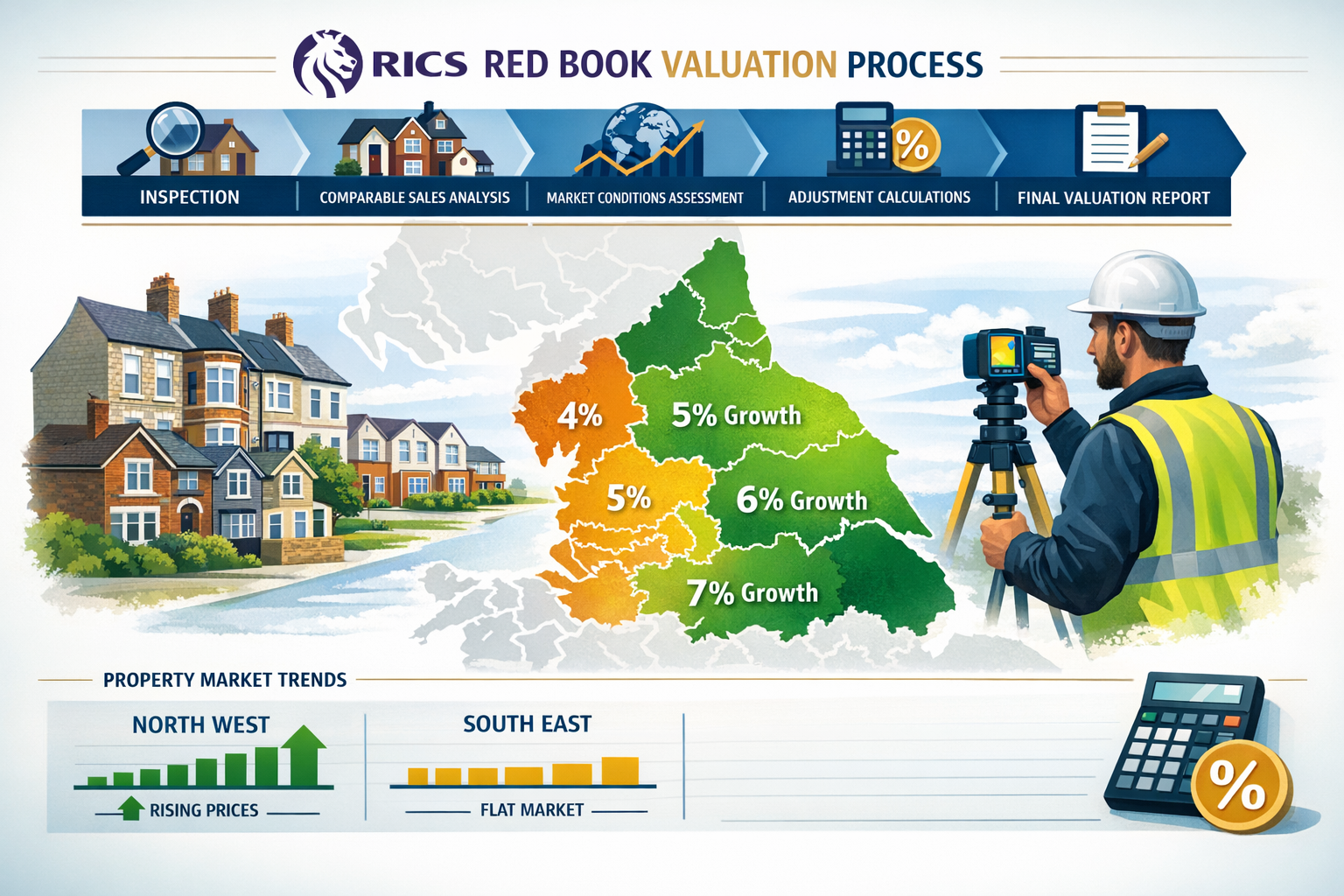 Detailed landscape format (1536x1024) infographic showing RICS Red Book valuation methodology flowchart with five distinct stages: inspectio