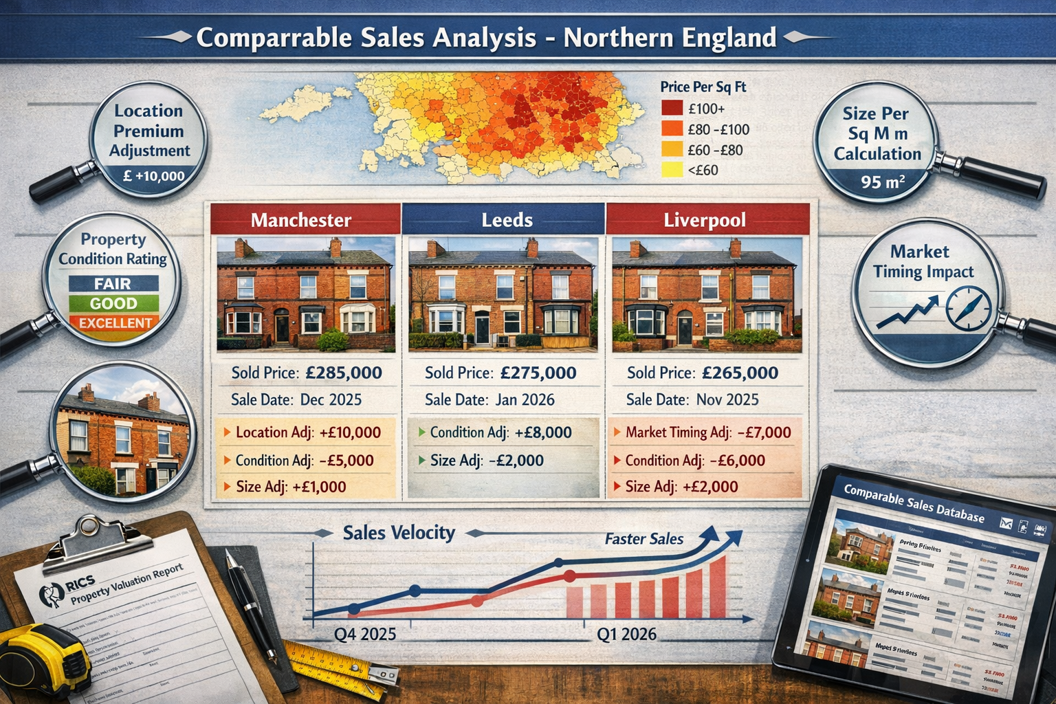Detailed landscape format (1536x1024) visualization of comparable sales analysis matrix for Northern England property markets. Central eleme