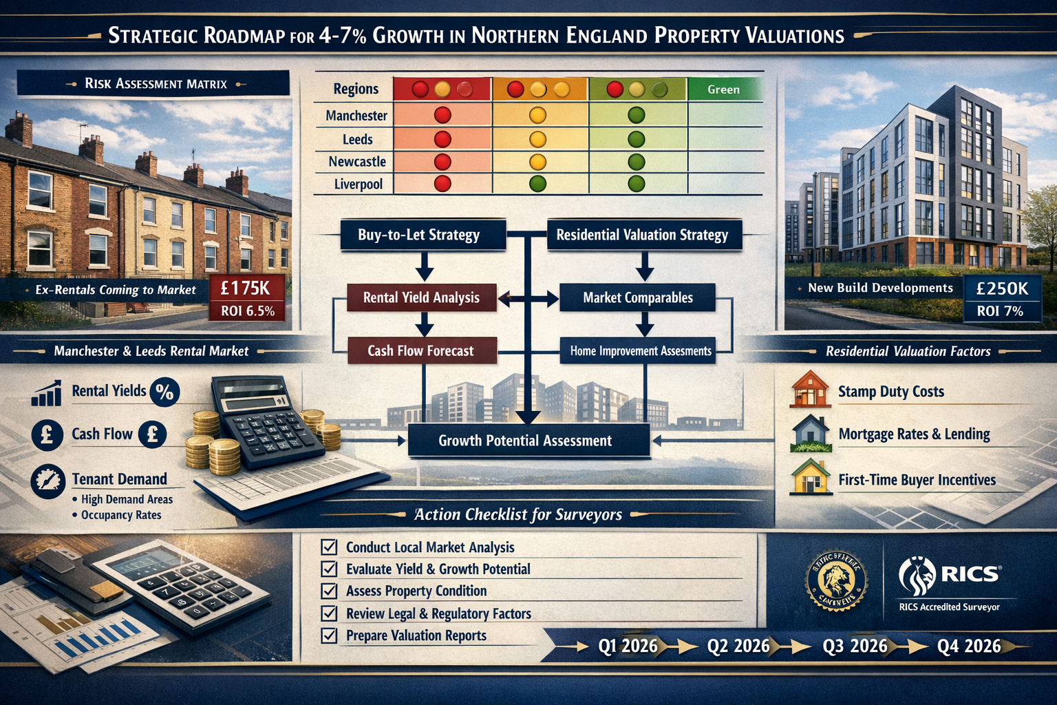 Detailed landscape format (1536x1024) strategic implementation roadmap for capturing 4-7% growth opportunities in Northern England property 