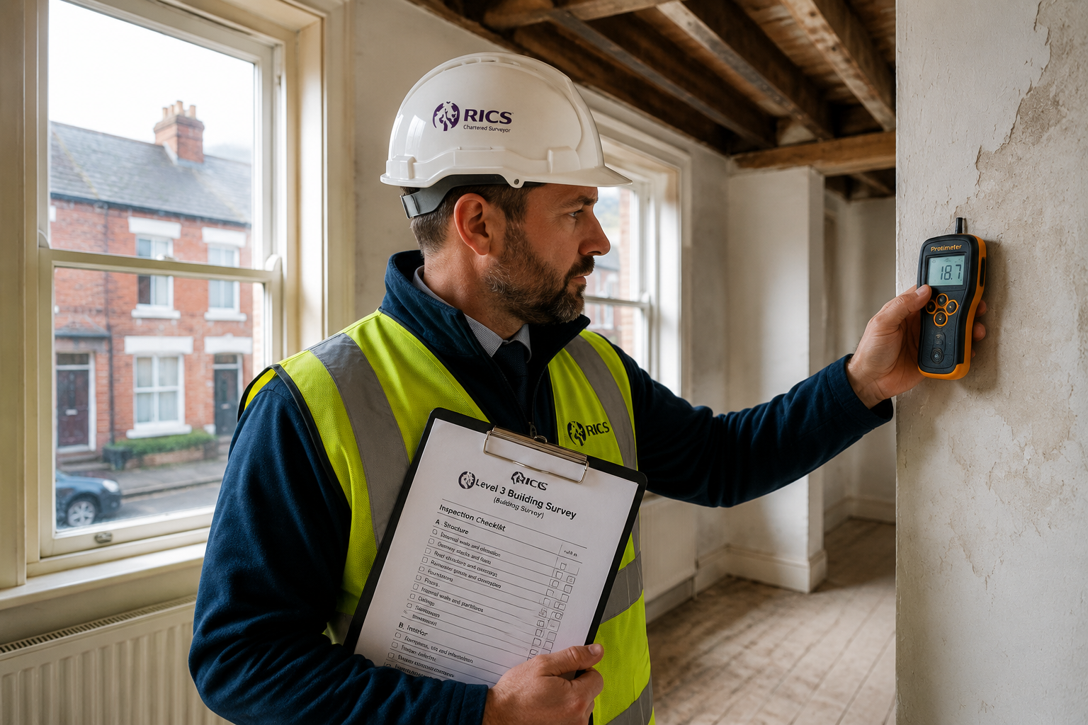 Wide-angle editorial photograph of a professional RICS chartered surveyor in hard hat and hi-vis vest conducting a Level 3