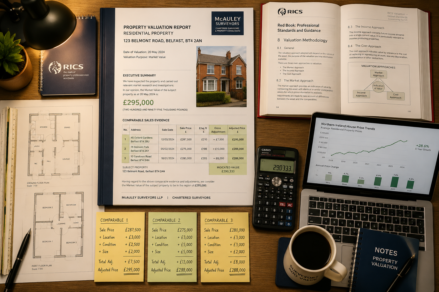 Overhead bird's-eye view of a professional surveyor's desk showing a detailed Northern Ireland property valuation report