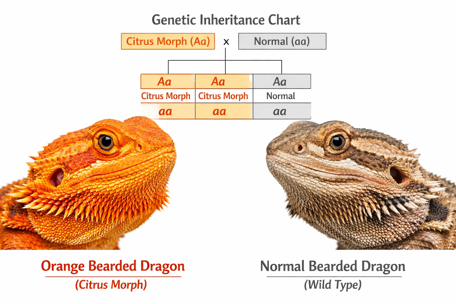 Detailed close-up photograph of orange bearded dragon morph showing vibrant citrus coloration and unique genetic traits, with side-by-side c