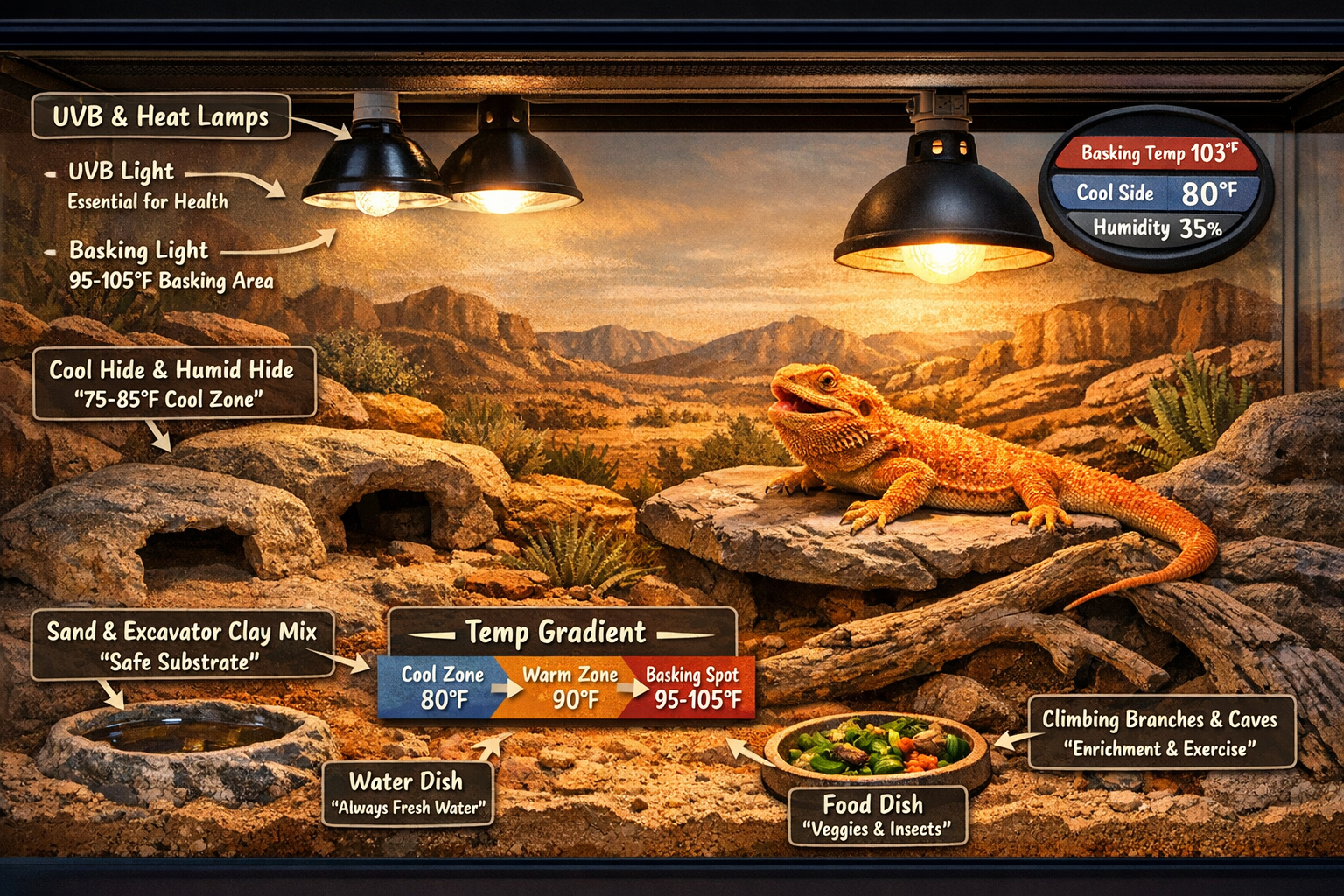 Professional terrarium setup specifically designed for orange bearded dragons, showing proper UVB lighting, temperature gradients, basking s