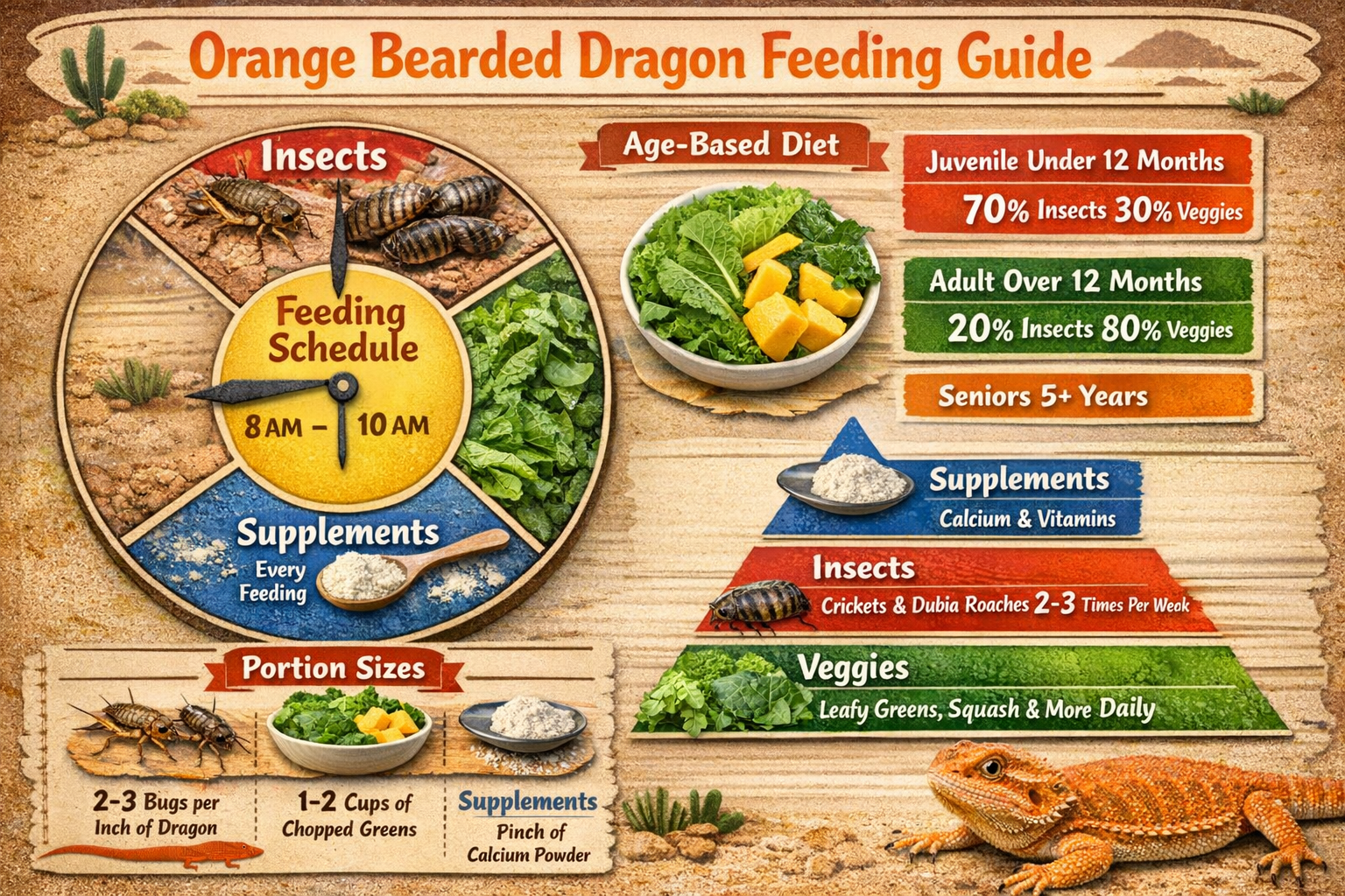 Interactive feeding schedule chart and nutritional pyramid for orange bearded dragons, showing proper diet ratios of insects, vegetables, an