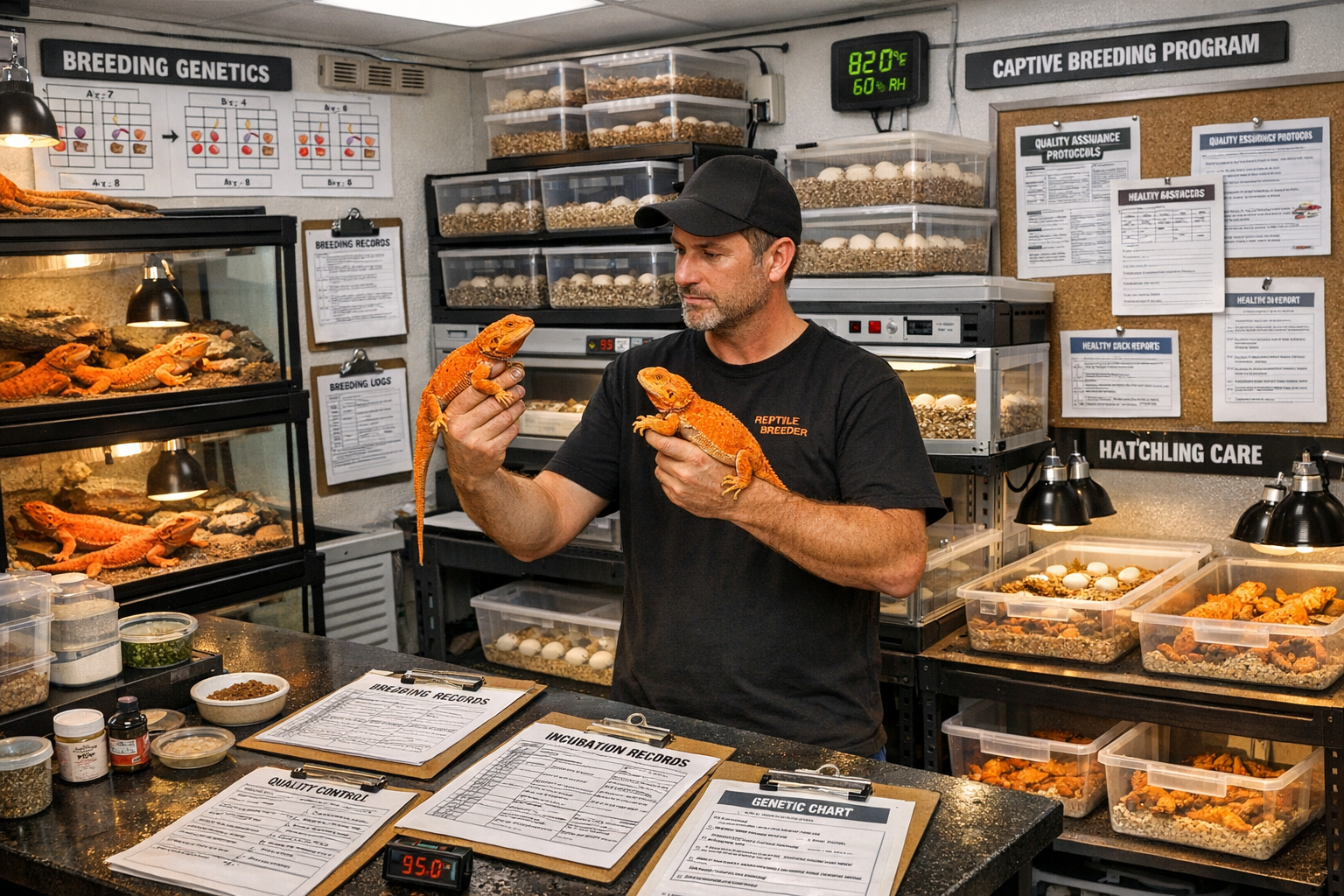 Comprehensive breeding facility overview showing multiple orange bearded dragon enclosures, breeding pairs, incubation setups, and hatchling