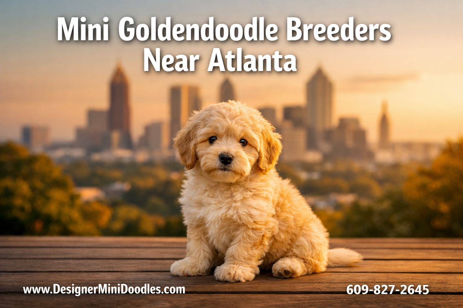 Professional () hero image with : 'Mini Goldendoodle Breeders Near Atlanta' in extra large white with deep , centered