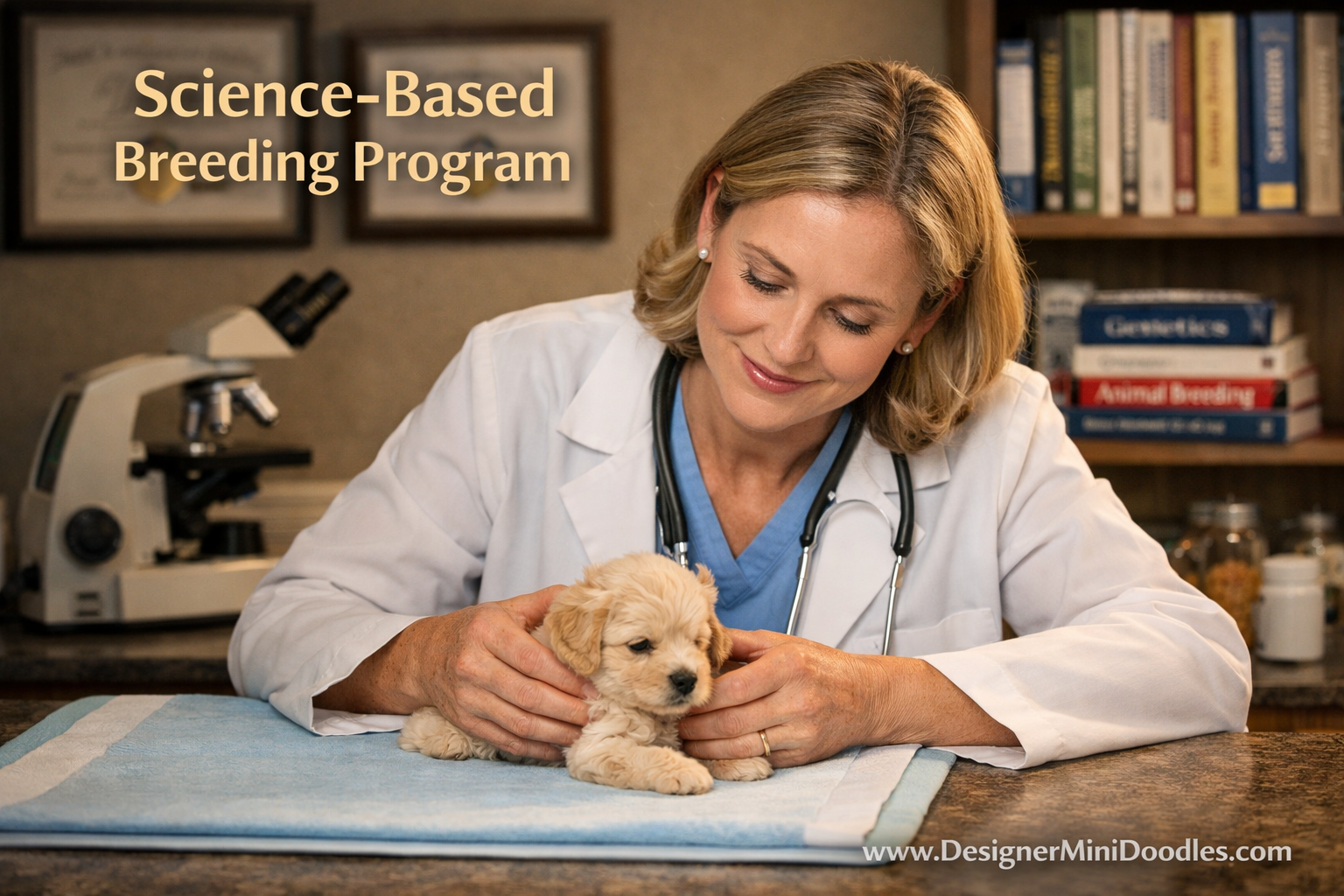 Detailed () editorial image showing a professional animal biologist in a clean, well-lit breeding facility in Georgia,