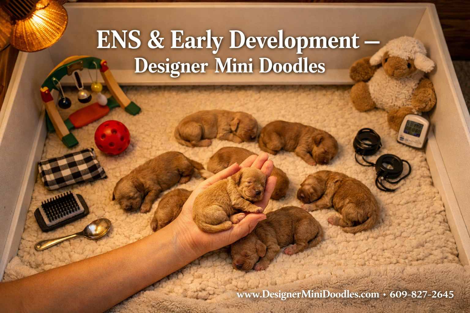 () overhead flat-lay image of a cozy whelping room with newborn goldendoodle puppies in a clean, temperature-controlled