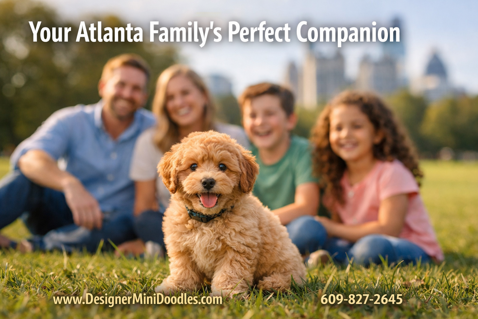 () lifestyle editorial photo of a happy Atlanta-area family — two adults and two children — sitting on a Piedmont Park lawn