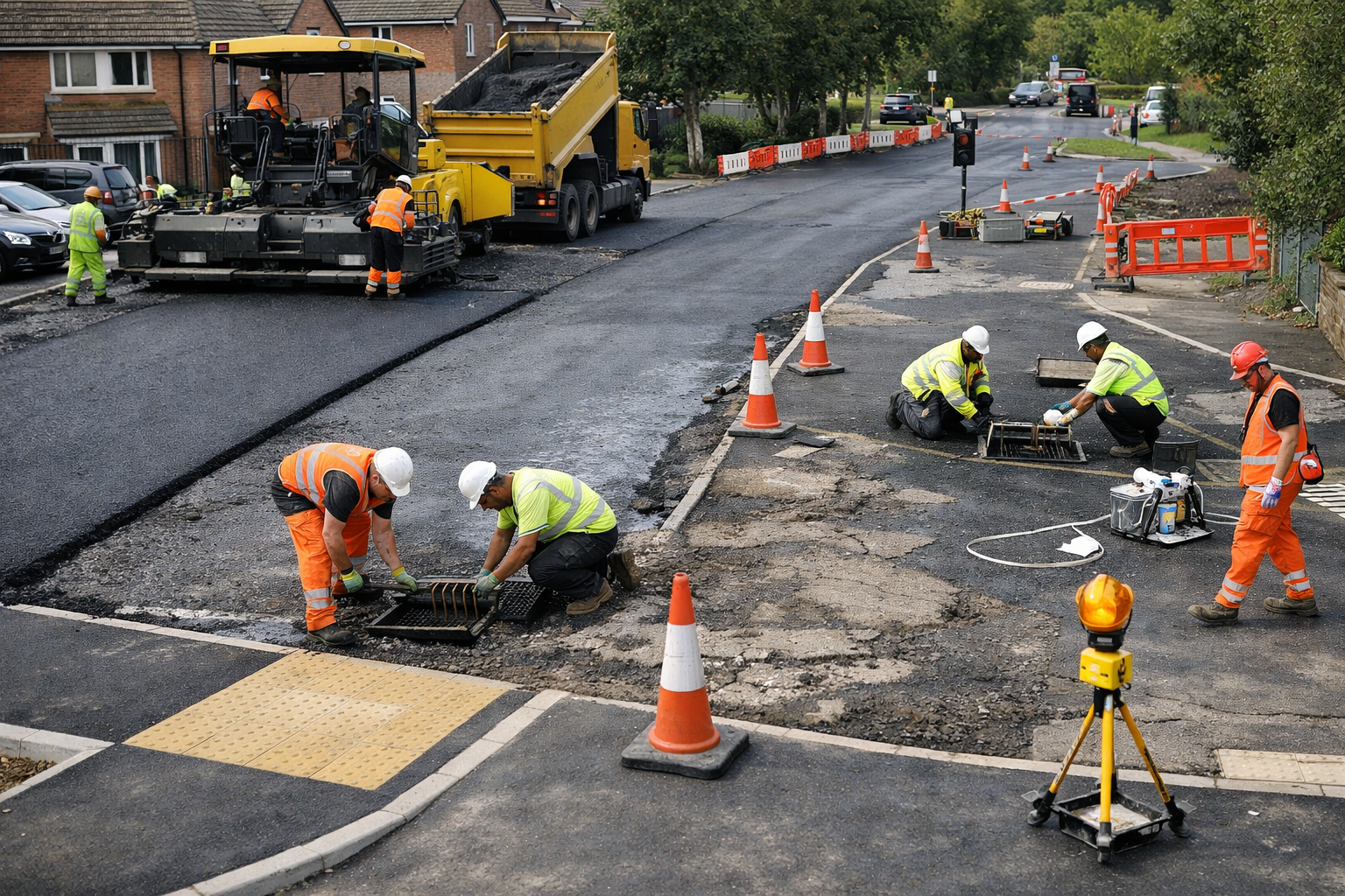 Landscape editorial image, , showing live remedial construction works on a legacy estate road in the UK from a slightly