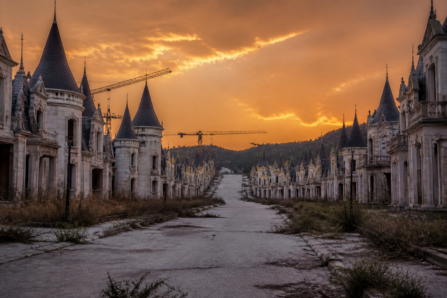 () editorial photograph showing the eerie rows of identical French ch&acirc;teau-style mini-castles at Burj Al Babas ghost town in