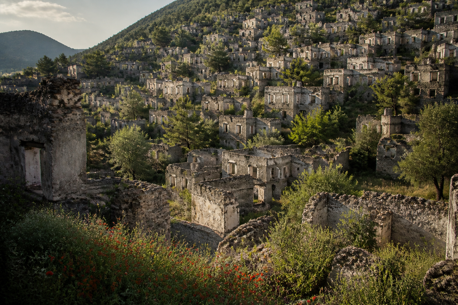 () editorial photograph showing the stone ruins of Kayak&ouml;y abandoned Greek village in Turkey, hillside perspective revealing