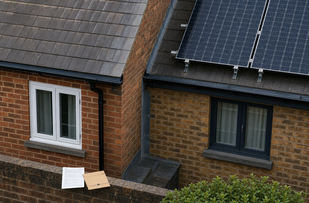 Close-up aerial perspective of two semi-detached houses sharing a central party wall, one side featuring newly installed