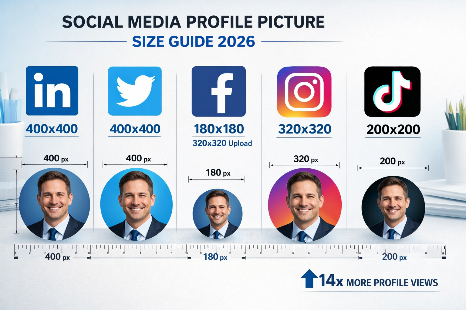 Detailed infographic-style landscape image (1536x1024) showing comprehensive social media profile picture size comparison chart for 2026. Vi