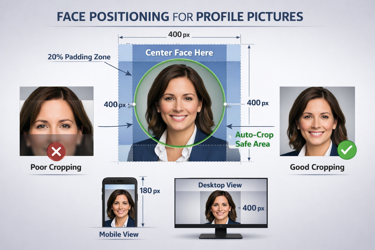 Detailed step-by-step visual tutorial landscape image (1536x1024) demonstrating face positioning guidelines for profile pictures. Center sho