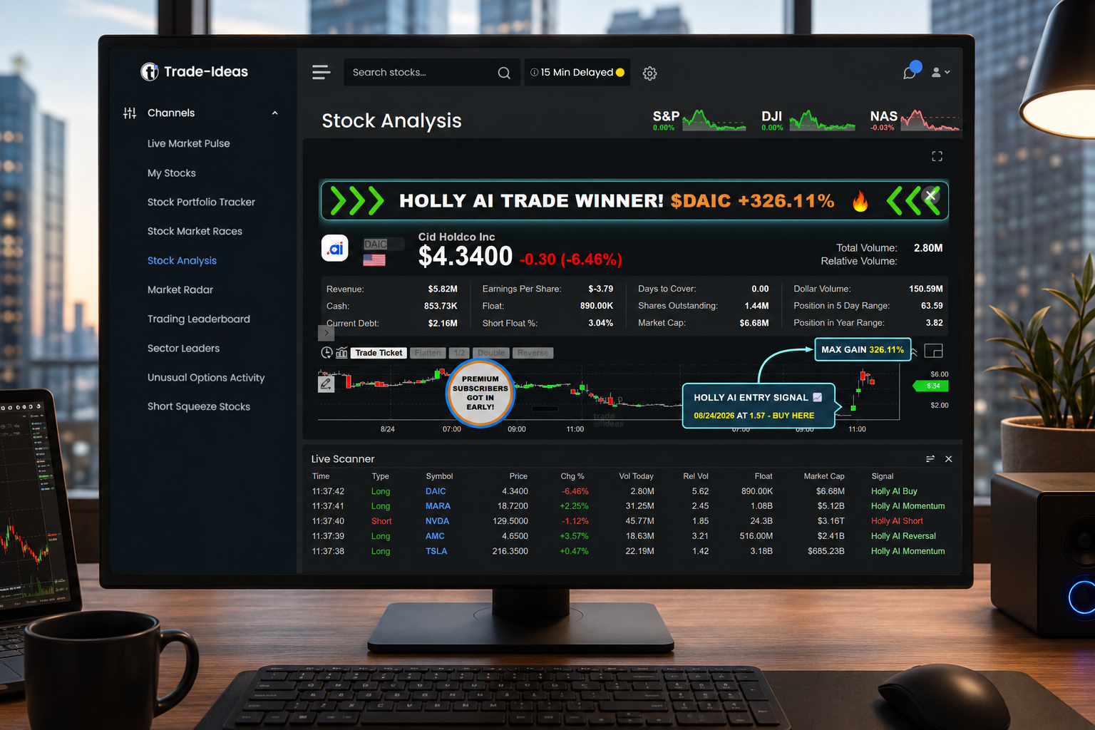Trade Ideas Holly AI entry signal on an intraday chart, with the live scanner feed below