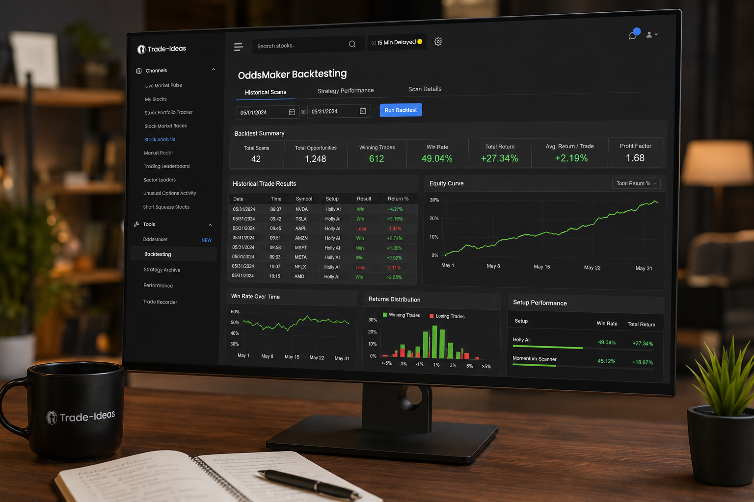 Trade Ideas OddsMaker backtesting results with win rate, equity curve and returns distribution