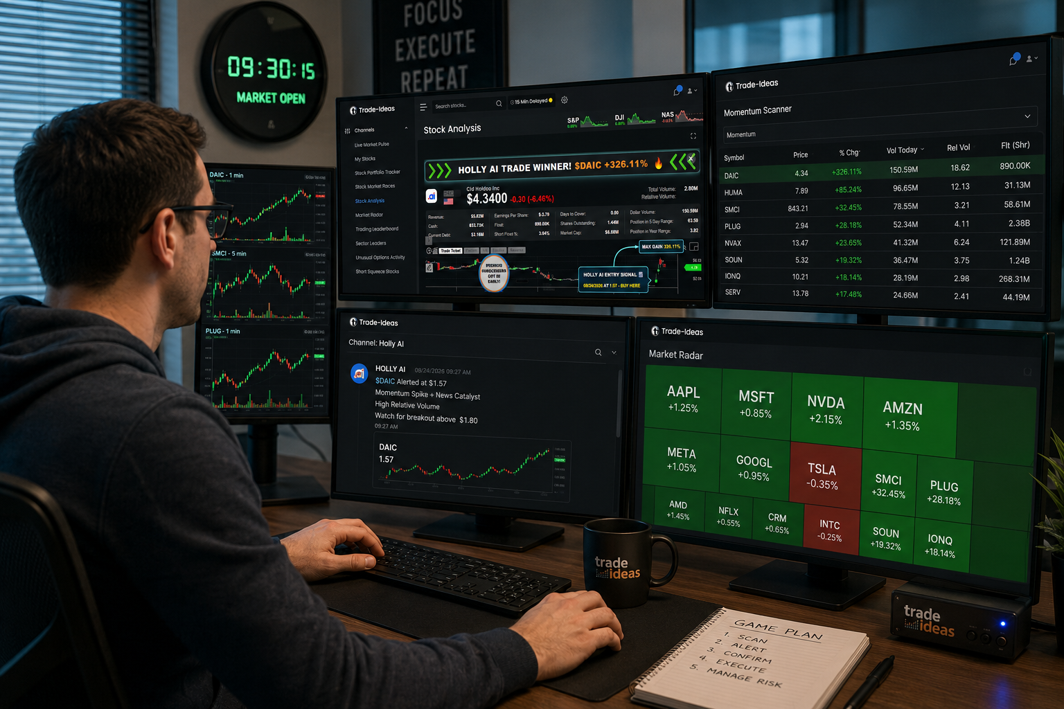 Day trader at the market open running Trade Ideas scanners, Holly AI alerts and a market radar heat map