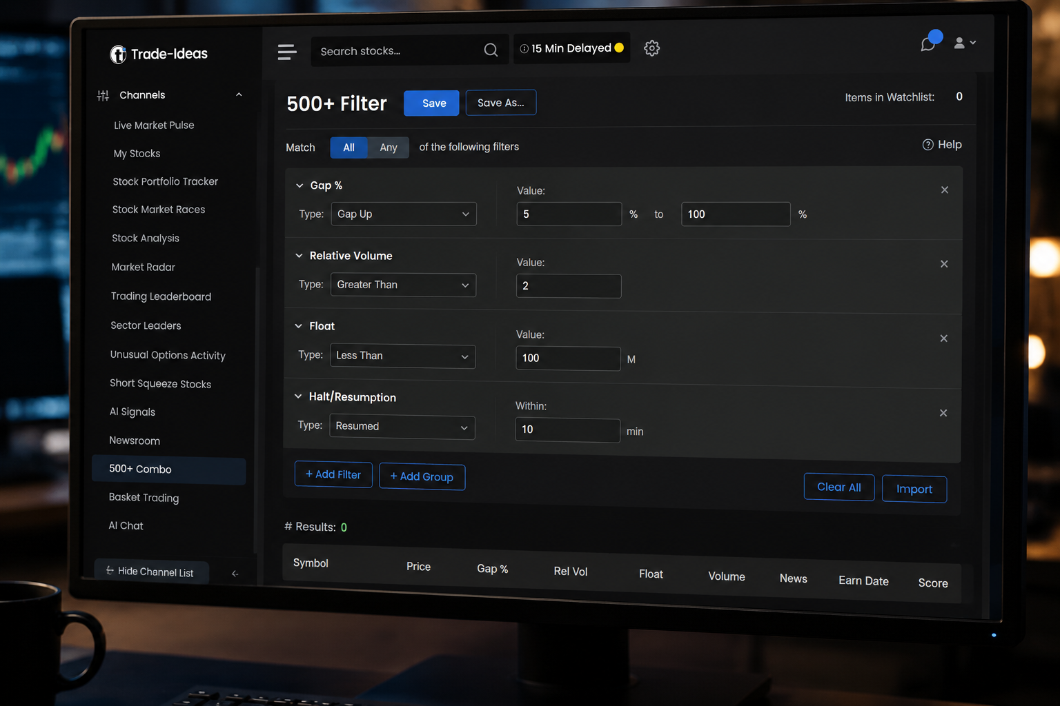 Trade Ideas custom scanner filters for gap percentage, relative volume, float and trading halts