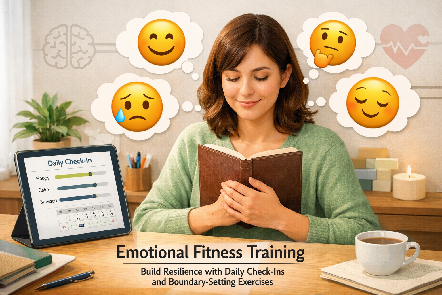 5 Essential Emotional Fitness Exercises for Daily Resilience 2 Landscape format (1536x1024) editorial image illustrating the concept of daily emotional check-ins. A person is shown sitting at a desk, gen