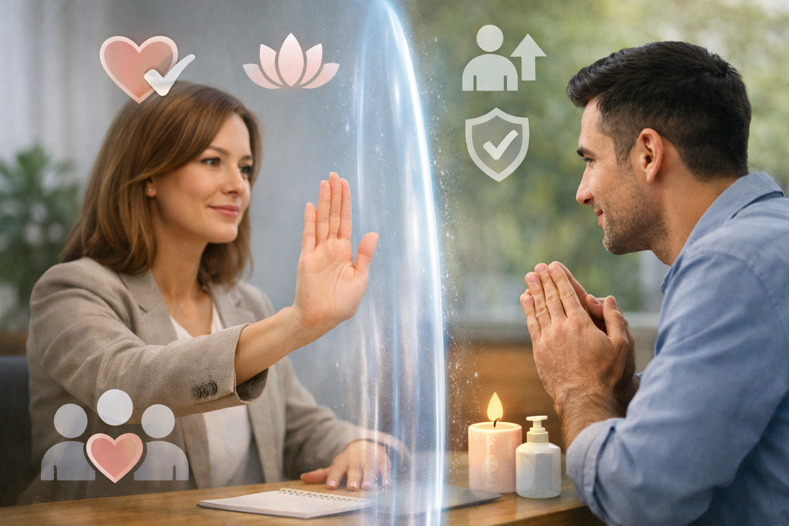 5 Essential Emotional Fitness Exercises for Daily Resilience 3 Landscape format (1536x1024) editorial image depicting boundary-setting exercises. One person is gently but clearly holding up a hand to ind