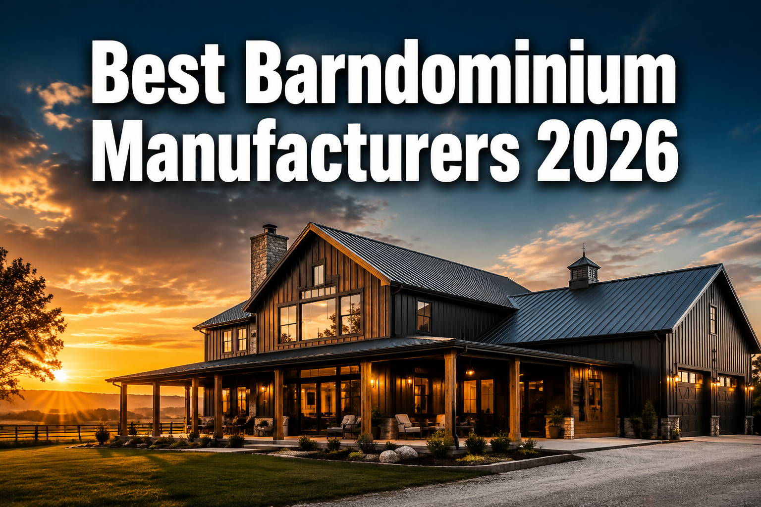 Professional () hero image with : 'Best Barndominium Manufacturers 2026' in extra large white with dark drop , centered