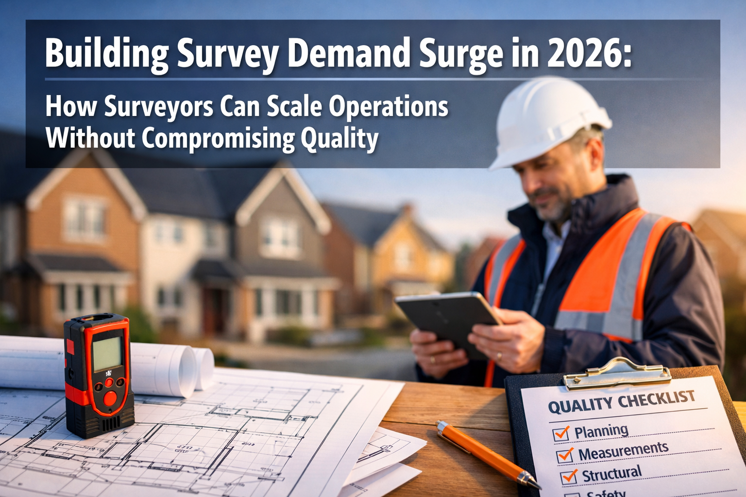 Professional () hero image featuring 'Building Survey Demand Surge in 2026: How Surveyors Can Scale Operations Without