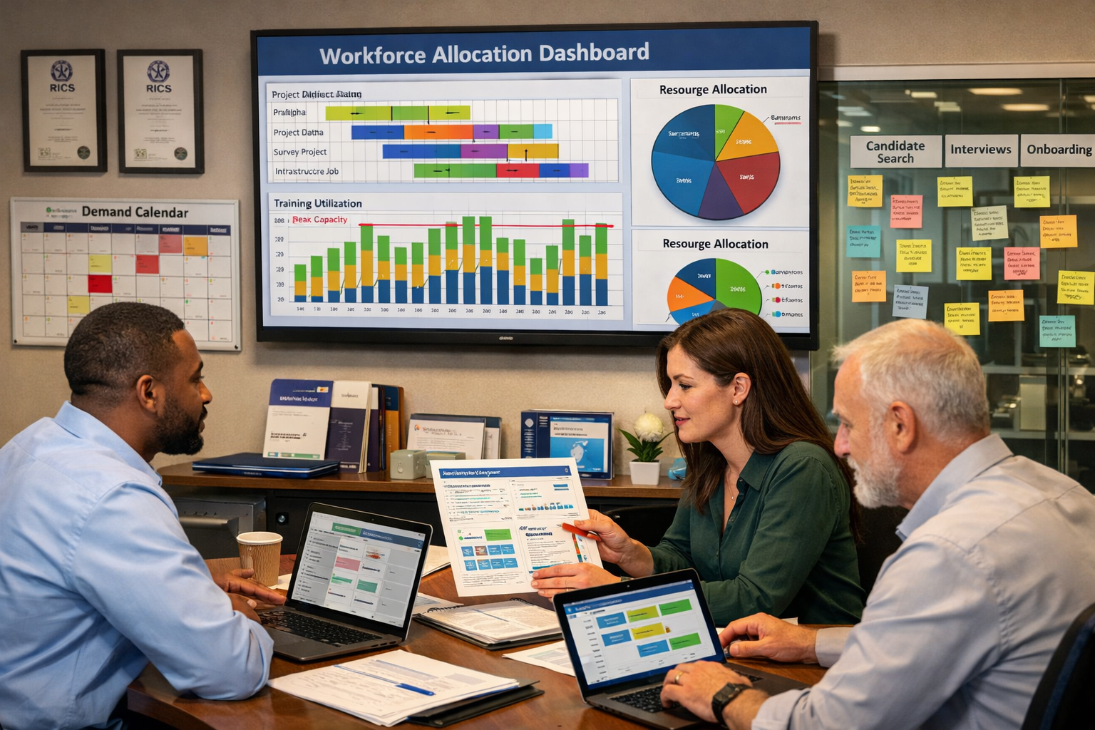 Detailed () editorial image showing diverse team of professional surveyors in modern office environment conducting capacity