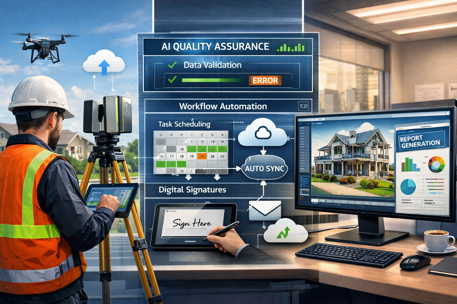 Detailed () image depicting advanced surveying technology integration in modern practice. Split-screen composition showing