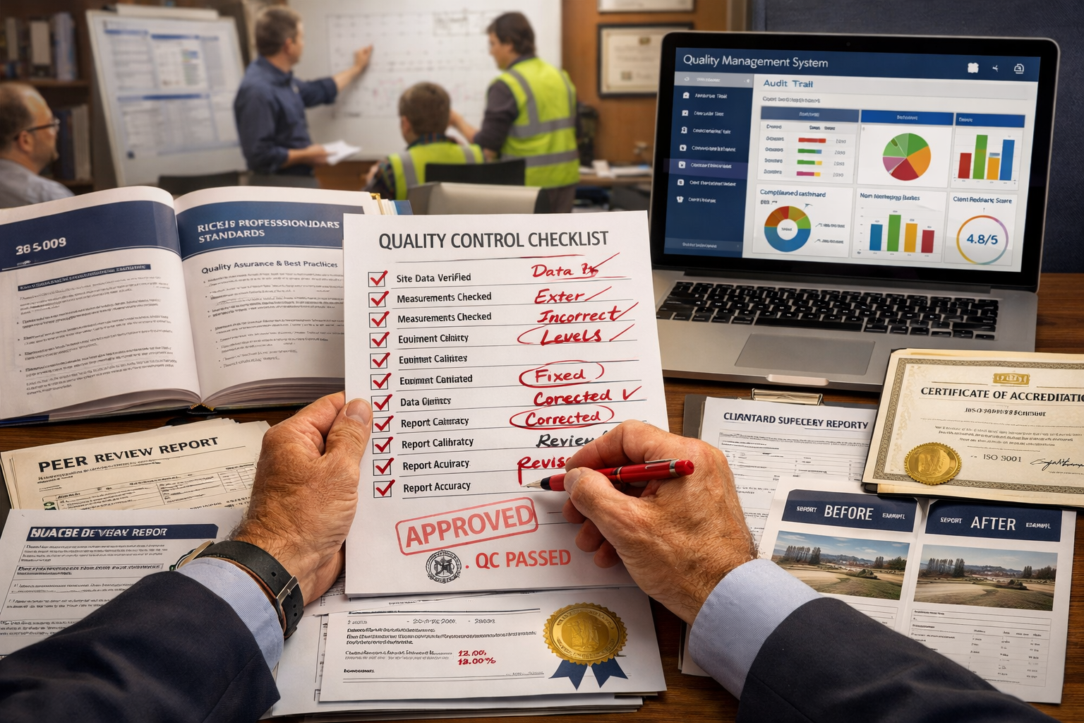 Detailed () professional image illustrating quality assurance protocols and standardization systems in surveying practice.