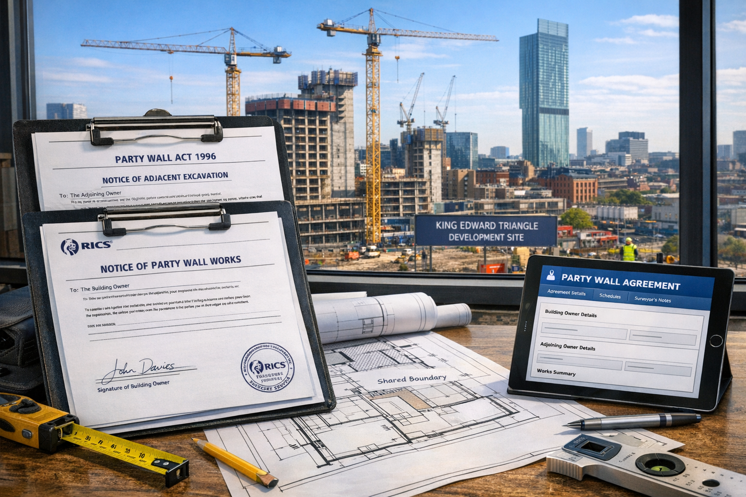 Detailed () image showing close-up of Party Wall Act documentation and surveyor's clipboard on construction site desk with