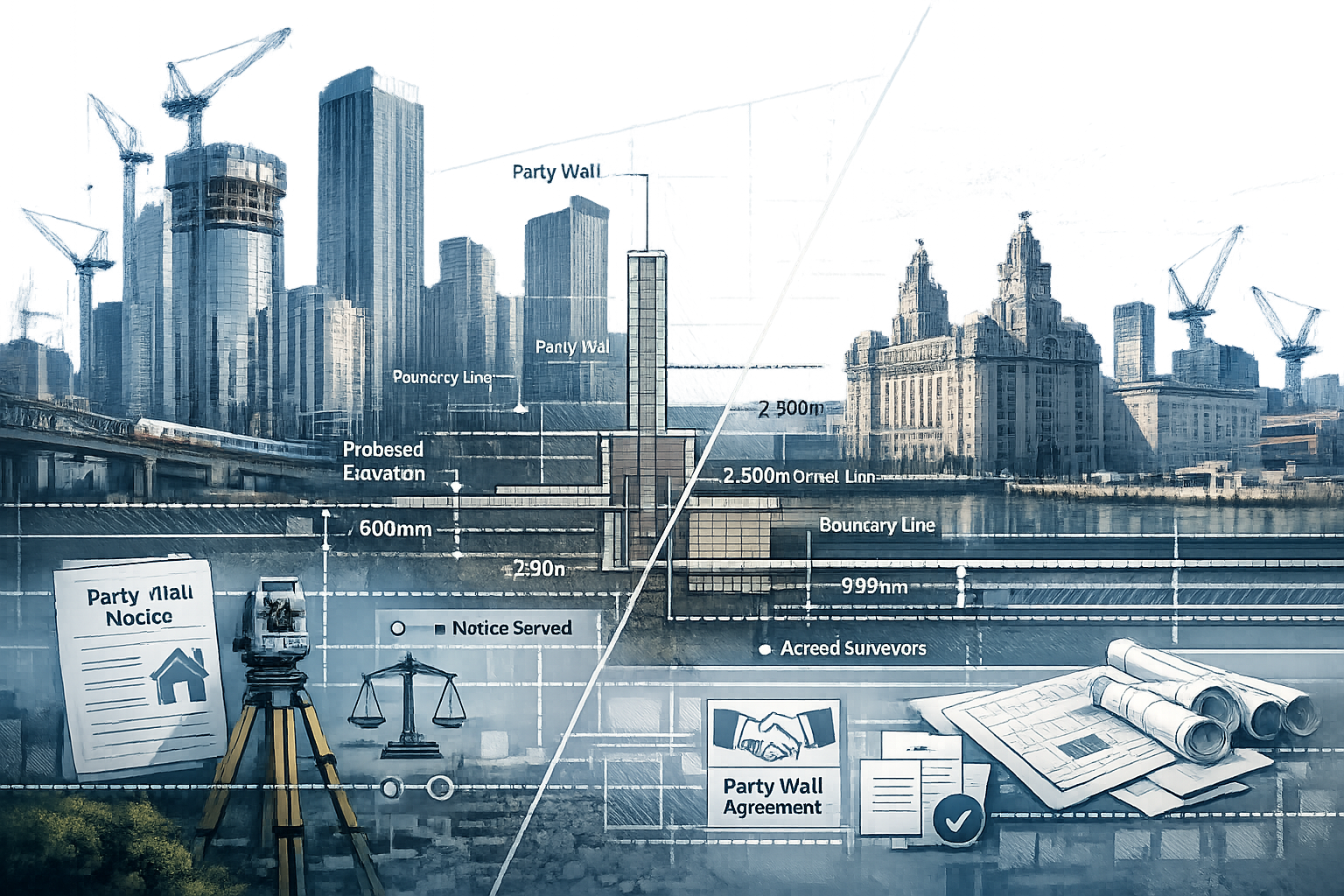 Detailed architectural visualization of Manchester and Liverpool city skylines split diagonally, showing side-by-side urban