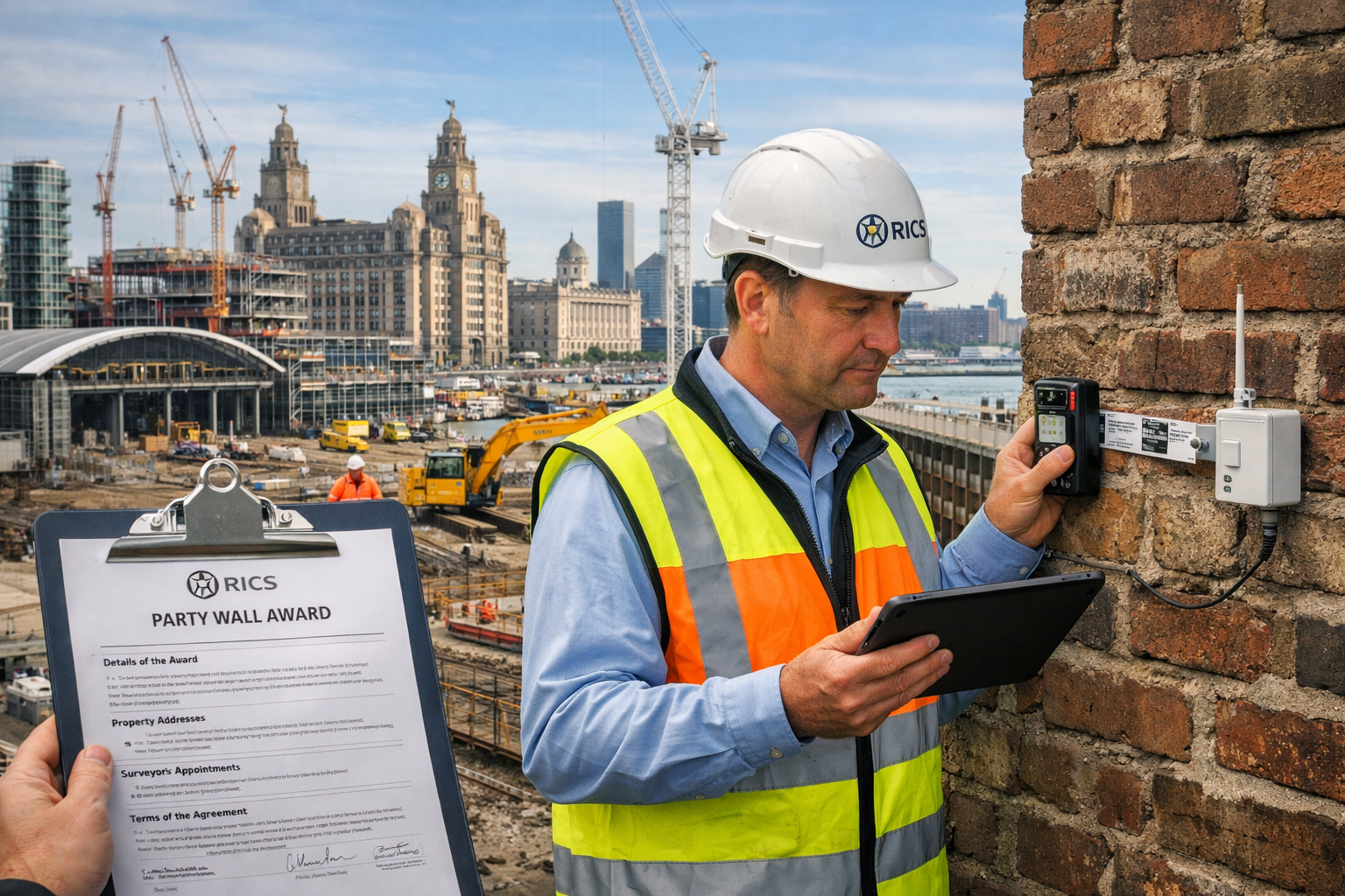 Detailed () image showing professional RICS party wall surveyor conducting inspection at Northern Powerhouse Rail