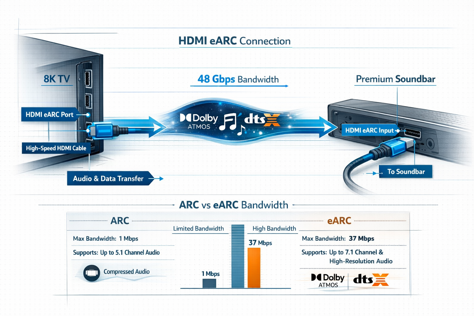 HDMI eARC Soundbars Landscape format (1536x1024) detailed technical diagram showing HDMI eARC connection pathway from 8K TV to premium soundbar, with labeled ca
