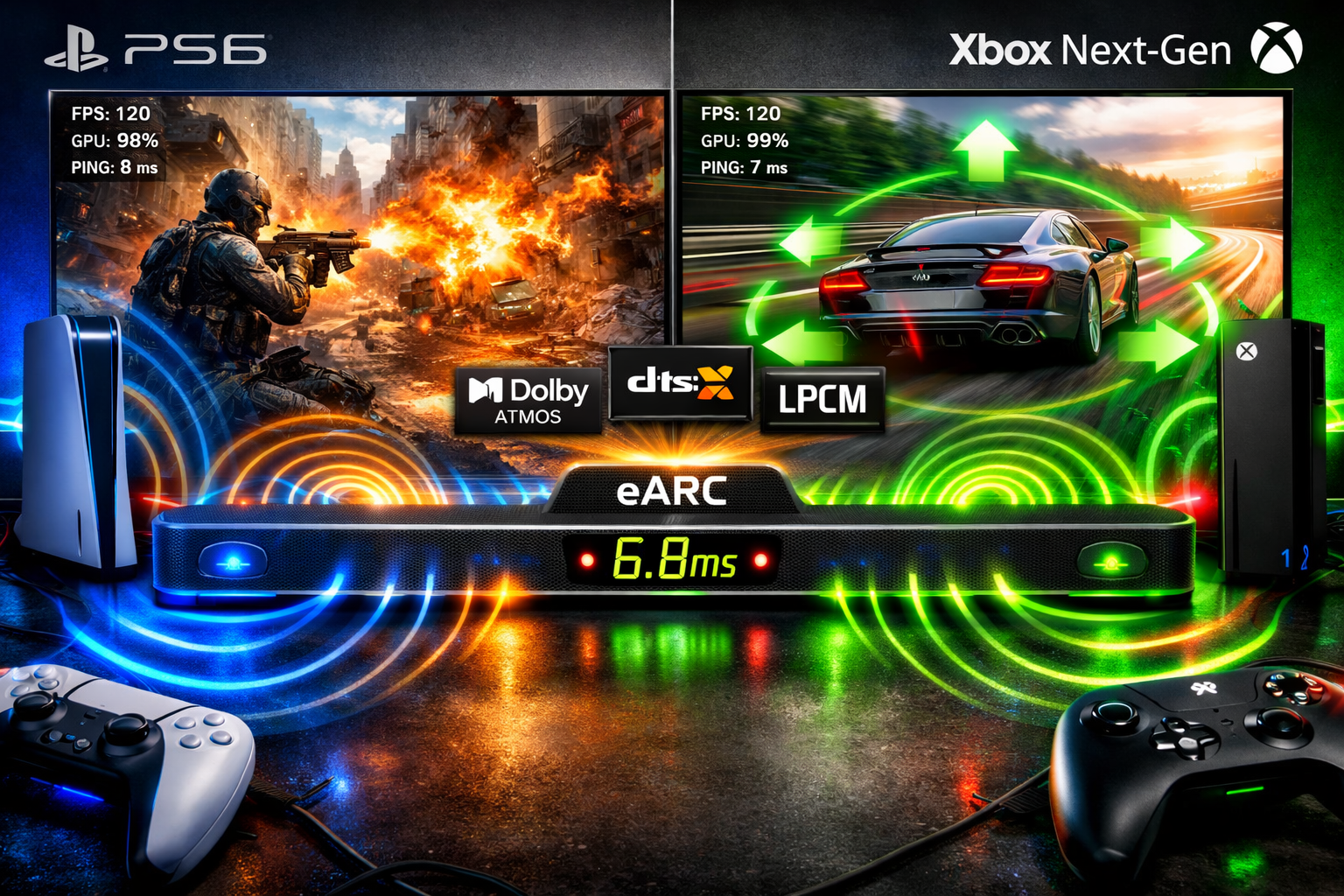 HDMI eARC Soundbars Landscape format (1536x1024) split-screen gaming scenario showing PS6 and Xbox next-gen consoles connected to eARC soundbar system, left sid