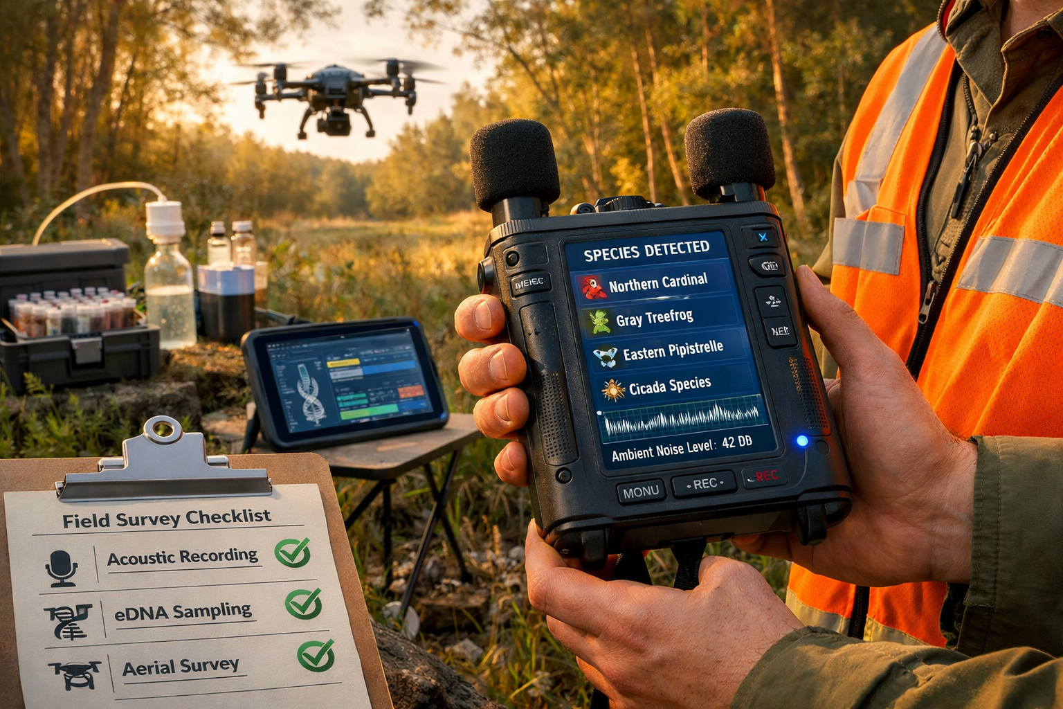 Detailed () image showing close-up of modern biodiversity surveyor in field wearing high-visibility vest, holding advanced
