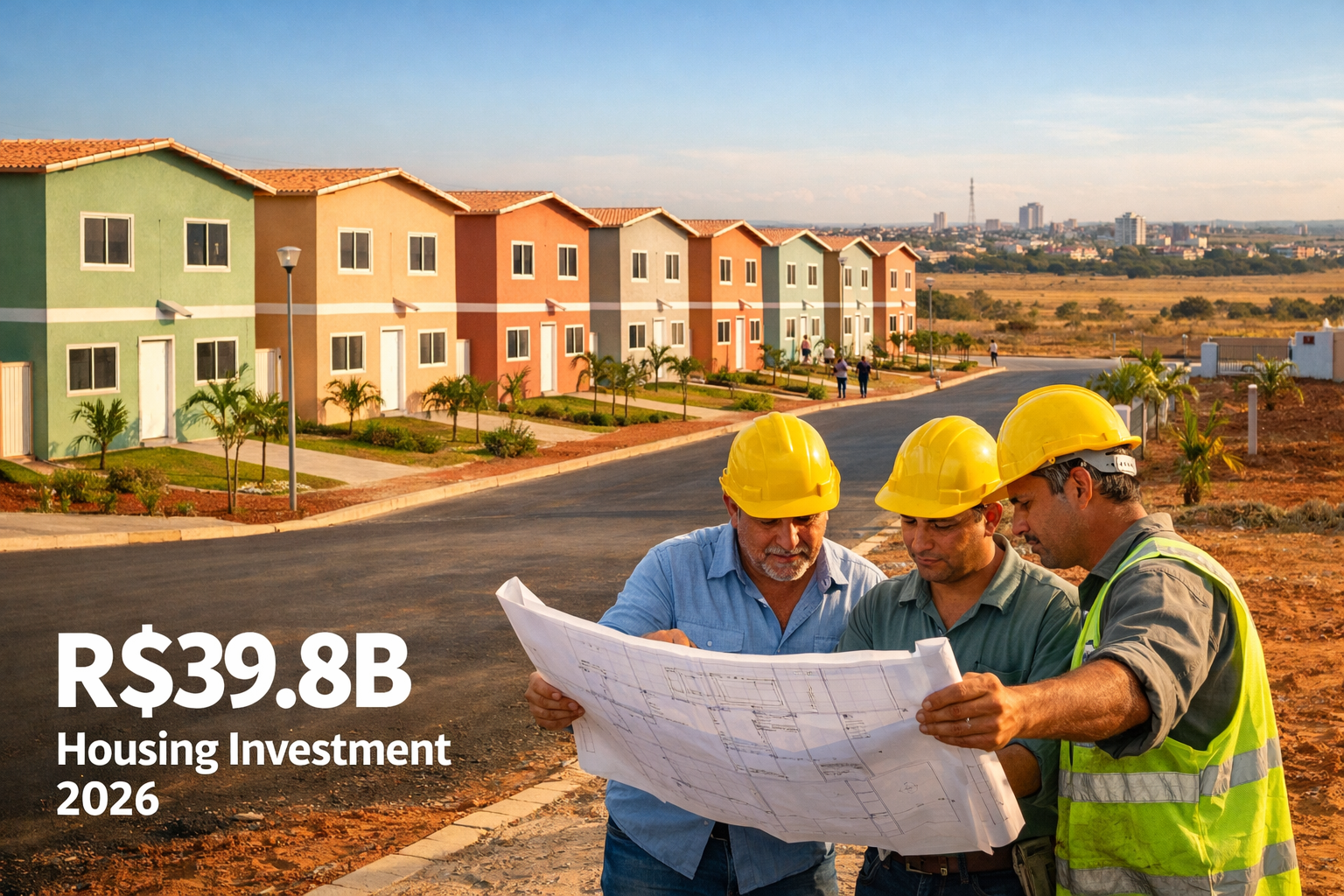 Wide-angle ground-level photograph of a newly completed MCMV residential complex in a Brazilian secondary city — rows of