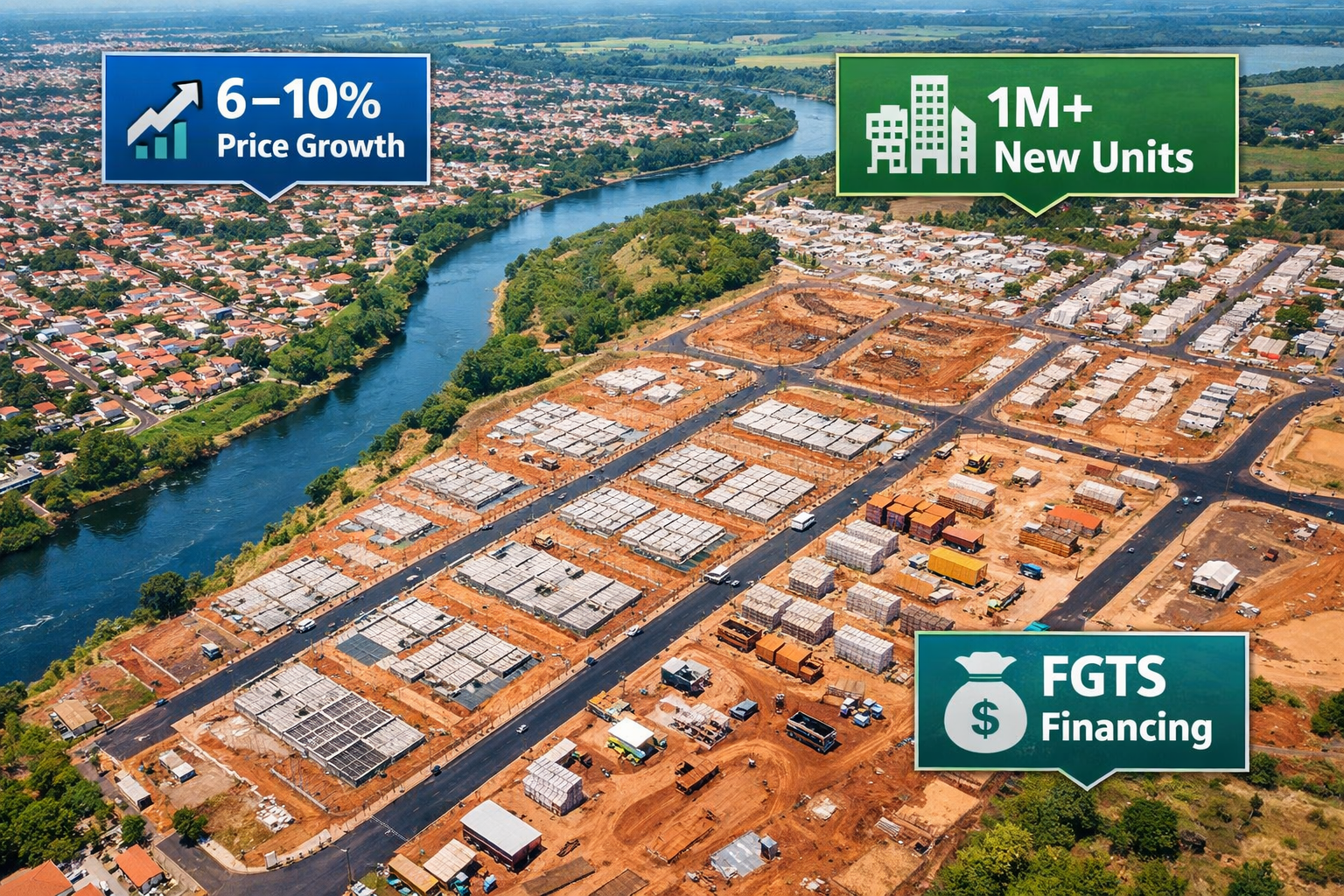 Bird's-eye drone perspective over a Brazilian inland city showing a patchwork of established neighborhoods and new housing