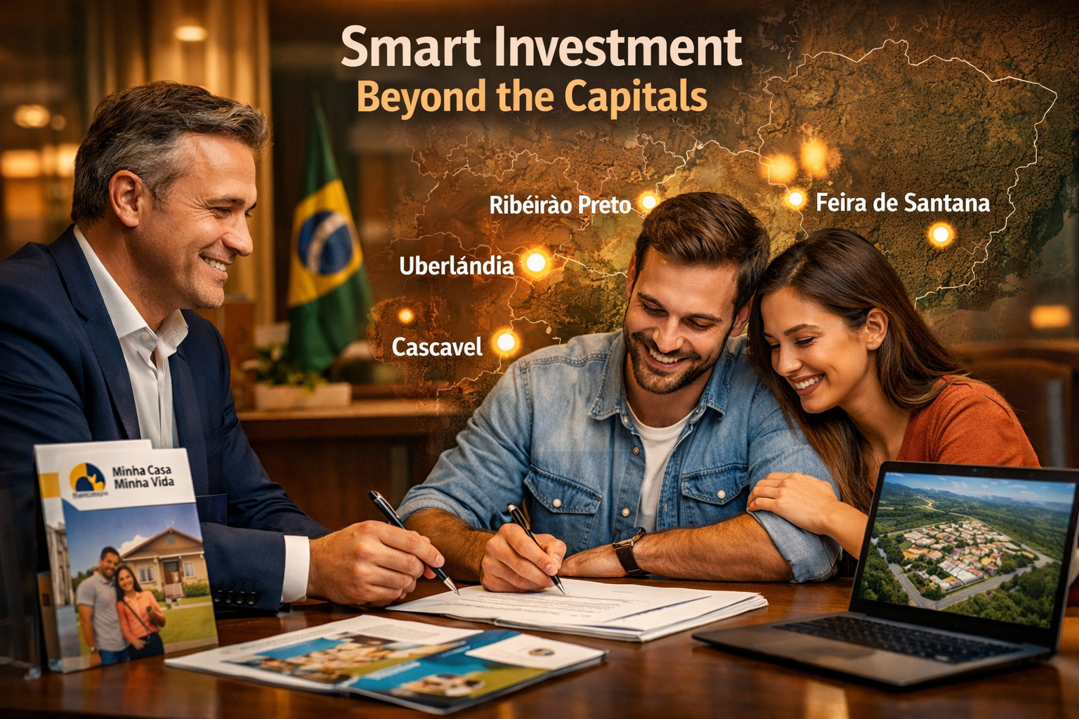 Close-up editorial photograph of a Brazilian real estate developer and a young couple signing property documents at a modern