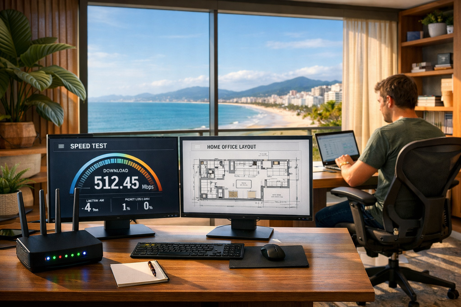 () detailed interior scene of a modern Brazilian apartment home office with floor-to-ceiling windows overlooking