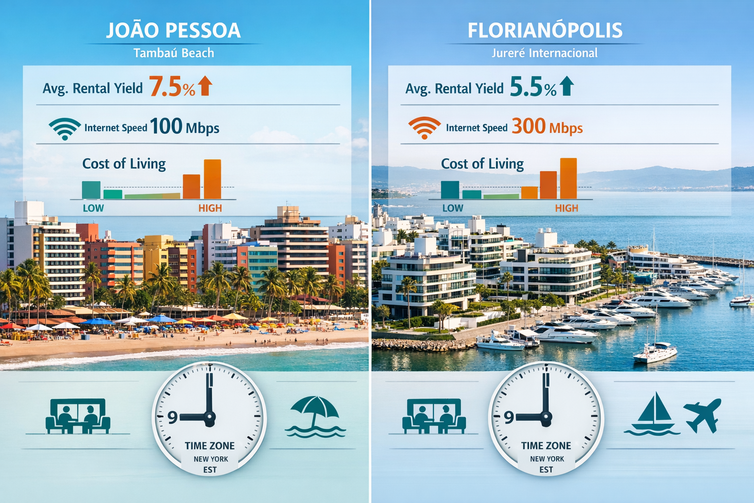 () split-screen comparison visual showing João Pessoa's Tambau Beach on left side with colorful beachfront buildings and