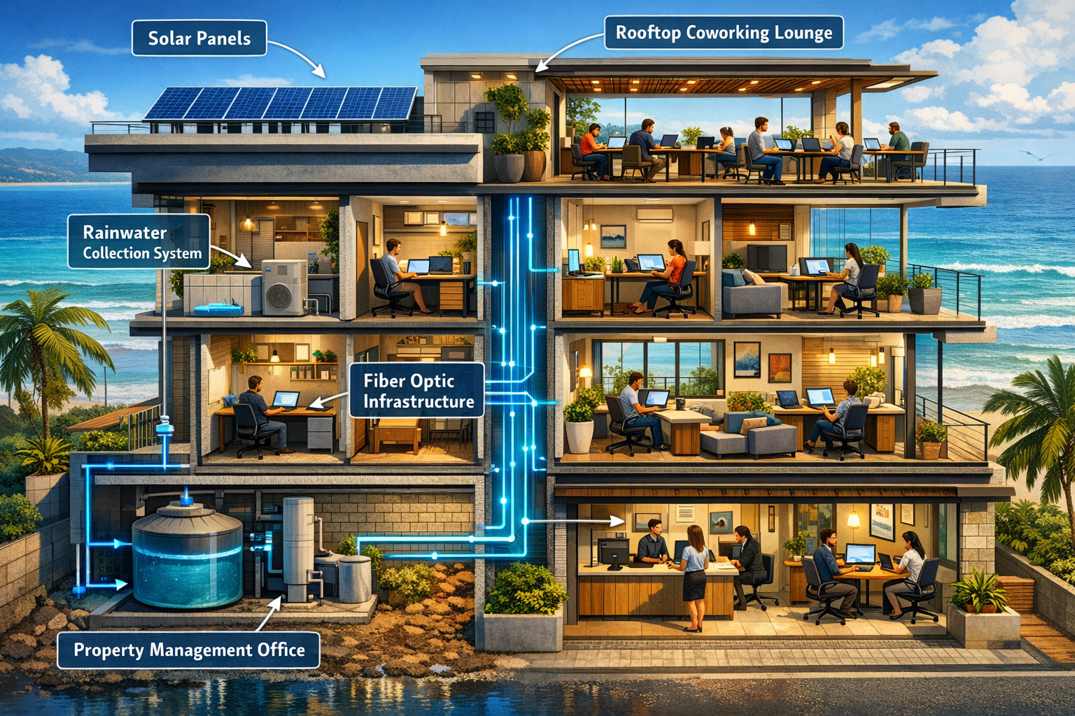 () detailed architectural rendering showing cross-section view of a premium Brazilian coastal apartment building designed