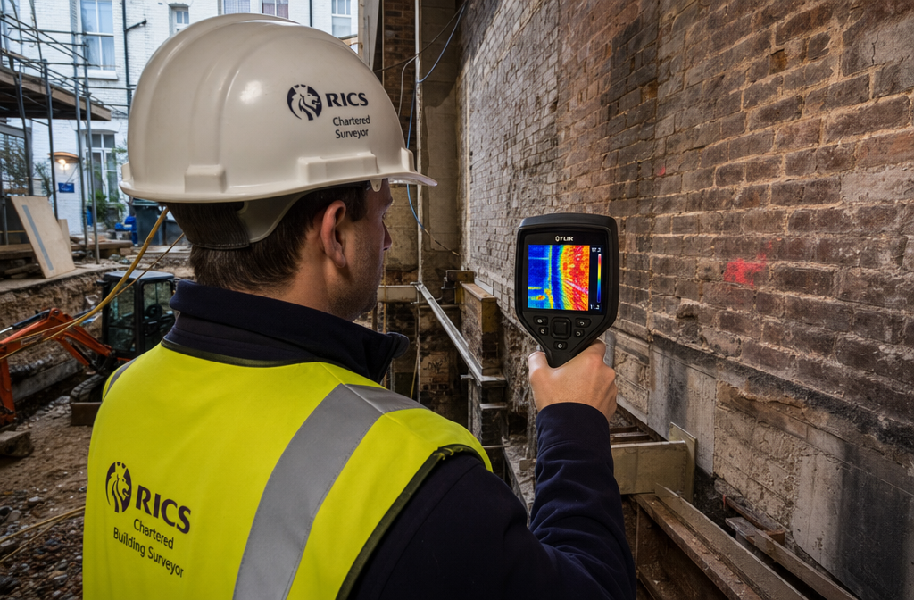 Wide-angle editorial photograph () of a RICS-certified surveyor in hard hat and hi-vis vest holding a professional FLIR