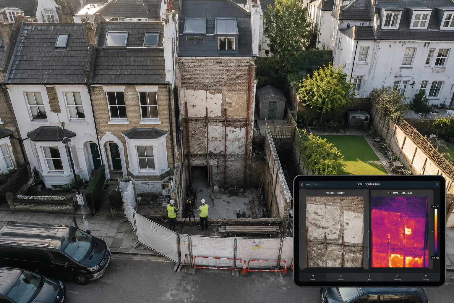 Overhead bird's-eye editorial photograph () showing a London residential street with terraced houses mid-excavation for