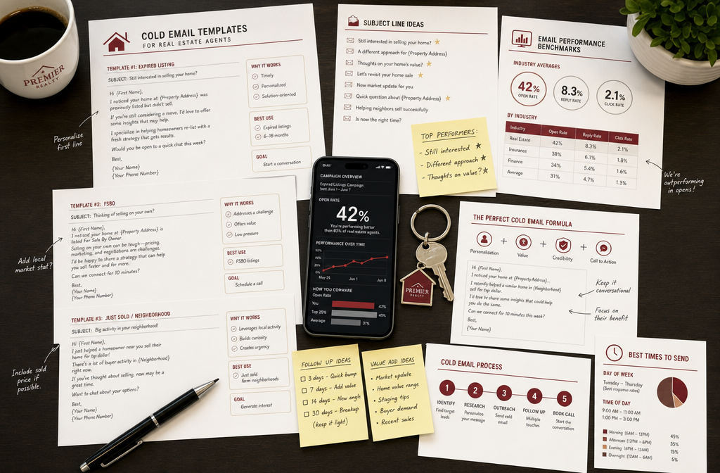 Wide-angle flat-lay shot of a real estate agent's desk from directly above showing printed cold email templates with