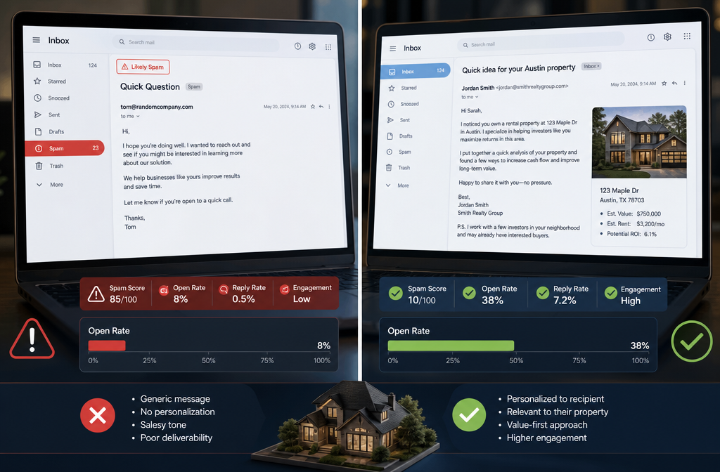 Split-screen concept illustration in () showing two contrasting email inboxes side by side &mdash; left side shows a generic