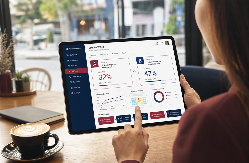 () editorial concept image showing a real estate agent reviewing email analytics on a tablet while seated at a modern coffee
