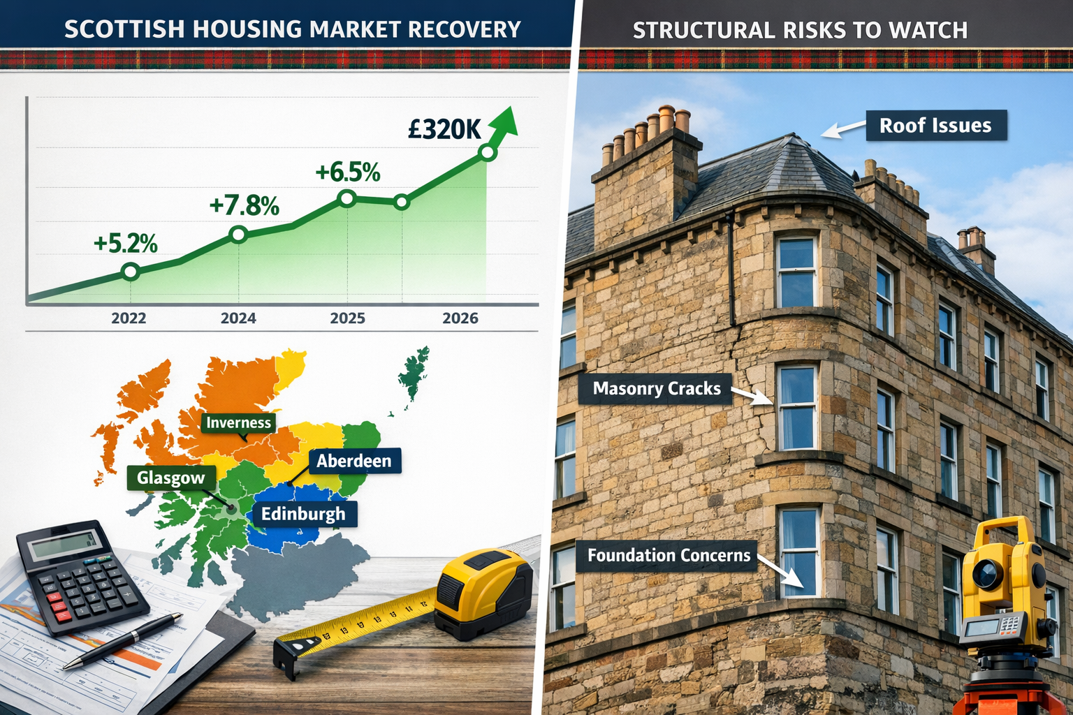 Detailed () image showing split-screen comparison of Scottish housing market recovery indicators: left side displays upward