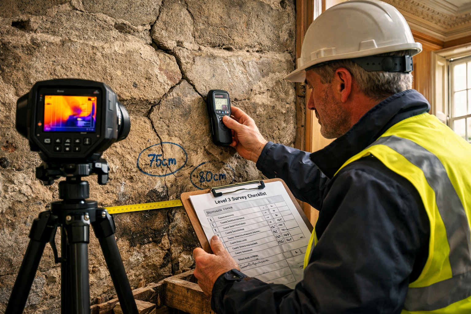 Detailed () close-up photograph of chartered surveyor conducting thorough Level 3 building survey inspection inside Scottish